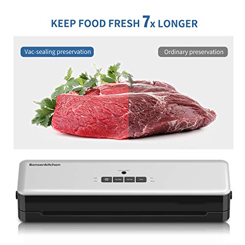 Bonsenkitchen Envasadora al Vacío, Sellador al Vacío de Alimentos Secos y Húmedos, 1 Rollo de Película de Vacío de Succión Incluida, Plata, VS3803