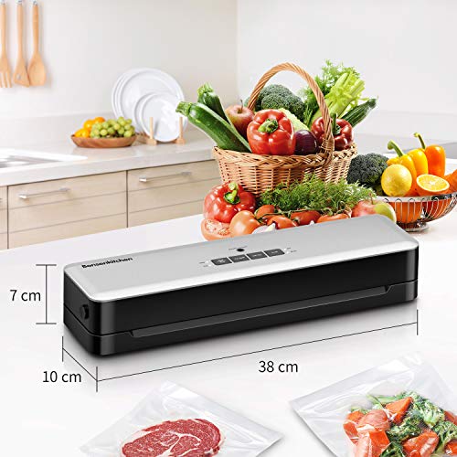 Bonsenkitchen Envasadora al Vacío, Sellador al Vacío de Alimentos Secos y Húmedos, 1 Rollo de Película de Vacío de Succión Incluida, Plata, VS3803