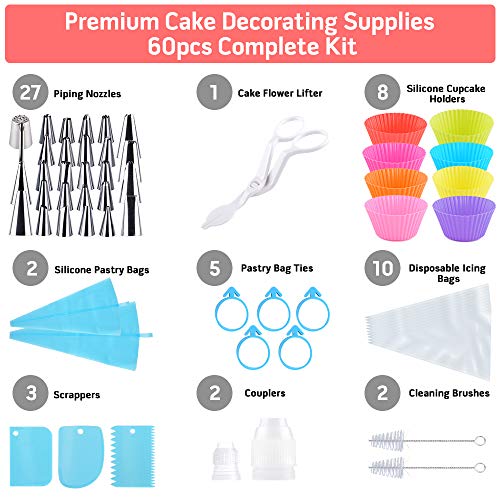 Boquillas Para Manga Pastelera, 60 pcs Profesionales Juego de Decoración con Boquillas,Manga Pastelera Silicona, Cupcake Moldes, Acopladores, Raspadores, Estuche de Almacenamiento