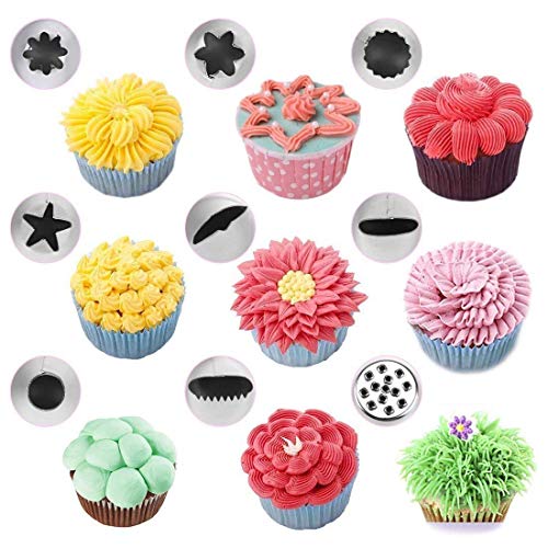 Boquillas para manga pastelera, Gyvazla 32pcs Set Incluir 20 Boquillas, 5 Boquillas más grande, Boquilla de Hierba, Boquillas de Hojaldre, 2 Acopladores, 2 Bolso de pastelería y Cepillo de Limpieza