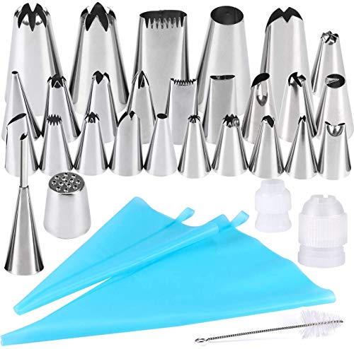 Boquillas para manga pastelera, Gyvazla 32pcs Set Incluir 20 Boquillas, 5 Boquillas más grande, Boquilla de Hierba, Boquillas de Hojaldre, 2 Acopladores, 2 Bolso de pastelería y Cepillo de Limpieza