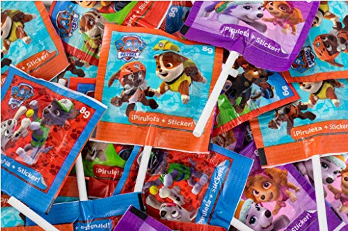 Bote de Piruletas Patrulla Canina La Asturiana - Pequeño bote con 35 piruletas (210gr), con pegatinas de tus personajes preferidos de Paw Patrol, sin gluten