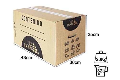 BOXPACKING | Pack 20 Cajas Cartón para Mudanza y Almacenaje | 43x30x25 cm | Con Asas | Tamaño Grande