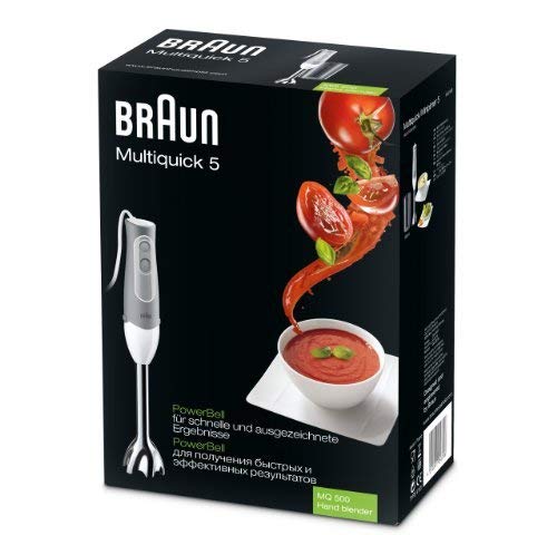 Braun Hogar MQ500 Soup Batidora y Vaso, PoweBall, 600 W, 1 Decibelios, Plástico, 2 Velocidades, Blanco y gris