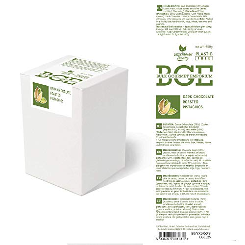 Bulk Gourmet Emporium - Pistachos tostados bañados en chocolate negro, producto vegetariano, halal y sin envase de plástico, 450 gr