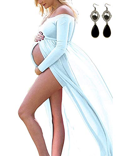 BUOYDM Mujer Embarazada Chifón Largos Vestido de Fiesta Foto Shoot Dress Fotográficas de Maternidad Apoyos De Fotografía (Talla única-Busto:95-120CM, Longitud:170CM, Azul)