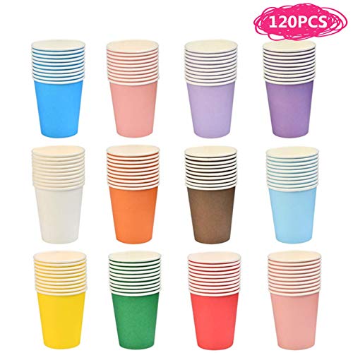 BUYGOO 120Pcs Vasos de Papel Desechable para Fiesta de 9 onzas en frío y en Caliente 12 Vasos de Papel Multicolores Actividades de Fiestas al Aire Libre para Bodas