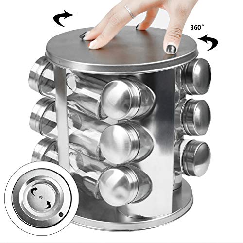 BUYGOO Especiero Giratorio Cocina con 12 Botes para Especias Originales Acero Inoxidable Soportes para Botes de Especias, Organizador Multiuso para Especias