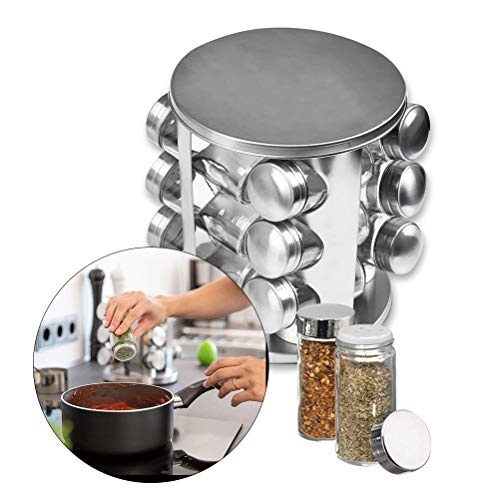 BUYGOO Especiero Giratorio Cocina con 12 Botes para Especias Originales Acero Inoxidable Soportes para Botes de Especias, Organizador Multiuso para Especias