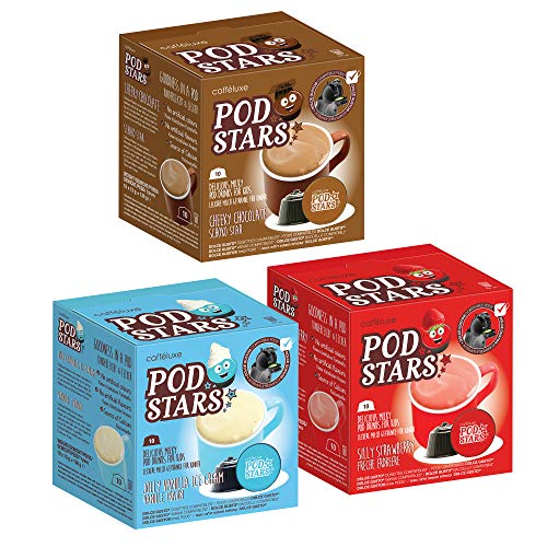 CaffeLuxe Podstars Paquete de variedades - Fresa tonta, chocolate descarado y vainilla alegre - Paquete de 30 - Batido saludable - Sin azúcar agregado - Vainas compatibles con Dolce Gusto para niños