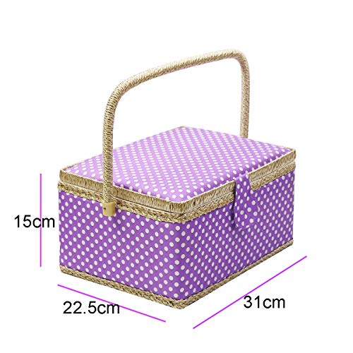 Caja de costura con accesorios para kit de costura, organizador de cesta de costura de madera D&D con accesorios para el hogar, viajes, lunares azules, grande Large L - PURPLE