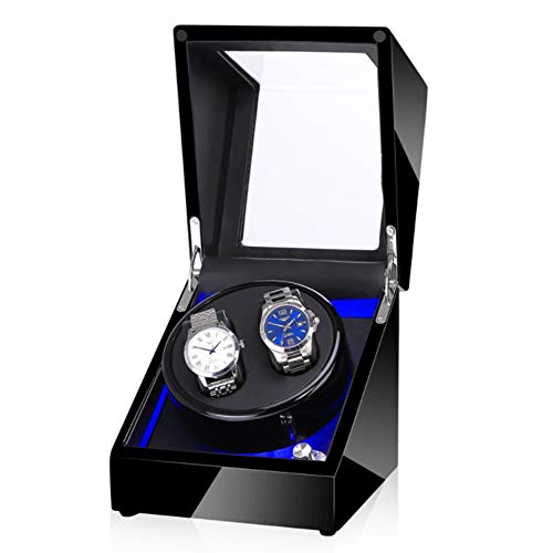 Caja Giratorias para Relojes Automaticos, Watch Winder Exhibición, para 2 Reloj, Motor silencioso, Movimiento rotativo, con Luz LED(en Blanco y Negro),Outer Black+Black