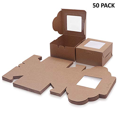 Caja Pasteleria Marrón Kraft (Pack de 50) - Caja Carton con Ventana Transparente (10,16 x 10,16 x 5,7cm) - Caja para Tartas, Roquillas, Mini Pasteles, Rebanada de Pastel y Postres - Caja Desechable