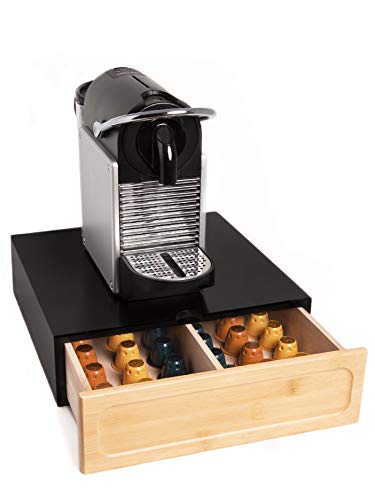 Cajón porta cápsulas Nespresso Dolce Gusto – Contenedor de madera de pino y bambú para accesorios de café – Ideal para casa y oficina (Negro)