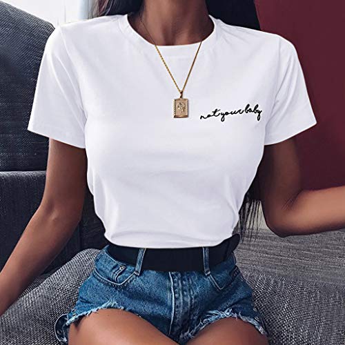 Camisetas de algodón para mujer de Rovnkd, escote en O, manga corta, estampado de letras, blusa casual Blanco XXXL