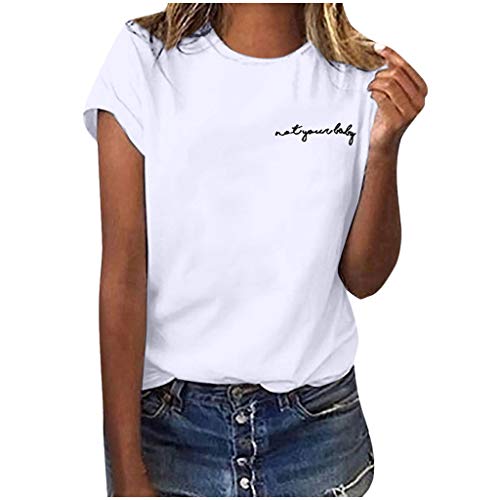Camisetas de algodón para mujer de Rovnkd, escote en O, manga corta, estampado de letras, blusa casual Blanco XXXL