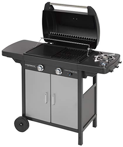 Campingaz 2 Series Classic EXS Vario Barbacoa de gas con 2 quemador, 7.5kW de potencia, Parrilla y plancha de hierro fundido, 1 mesa lateral, 10 litros, Negro/Gris