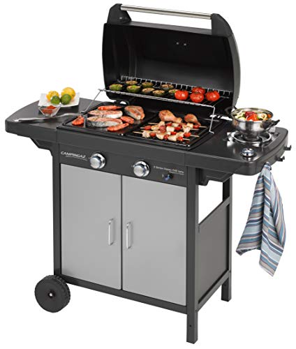 Campingaz 2 Series Classic EXS Vario Barbacoa de gas con 2 quemador, 7.5kW de potencia, Parrilla y plancha de hierro fundido, 1 mesa lateral, 10 litros, Negro/Gris