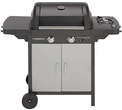 Campingaz 2 Series Classic EXS Vario Barbacoa de gas con 2 quemador, 7.5kW de potencia, Parrilla y plancha de hierro fundido, 1 mesa lateral, 10 litros, Negro/Gris