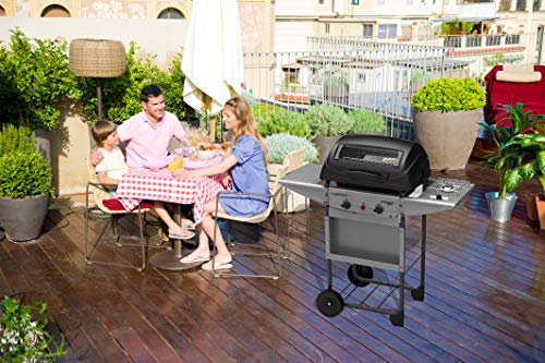 Campingaz Expert Deluxe Barbacoa gas piedra volcanica, parrilla gas con dos quemadores compactos y quemador lateral, 7 kW de potencia, parrilla de acero y mesas laterales