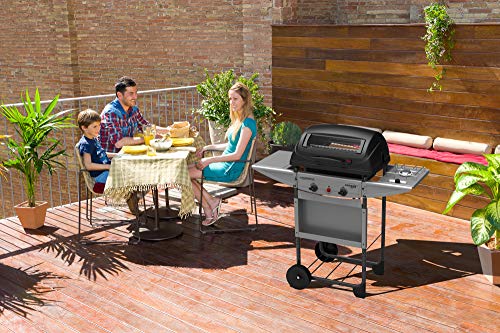 Campingaz Expert Deluxe Barbacoa gas piedra volcanica, parrilla gas con dos quemadores compactos y quemador lateral, 7 kW de potencia, parrilla de acero y mesas laterales