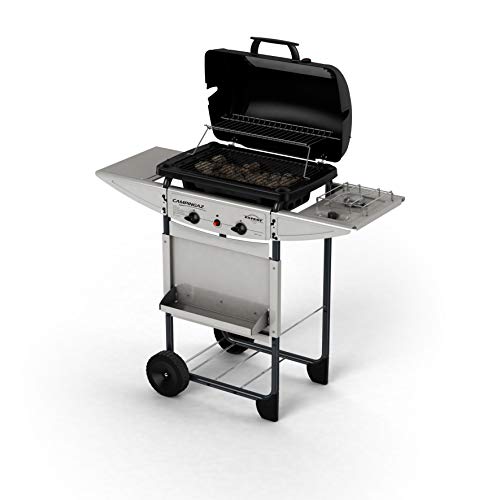 Campingaz Expert Deluxe Barbacoa gas piedra volcanica, parrilla gas con dos quemadores compactos y quemador lateral, 7 kW de potencia, parrilla de acero y mesas laterales