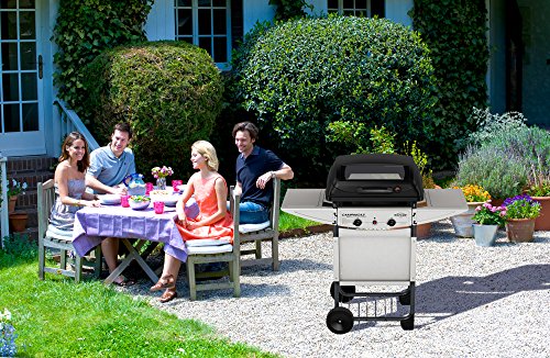 Campingaz Expert Plus Barbacoa gas piedra volcanica, parrilla gas con dos quemadores compactos y quemador lateral, 7 kW de potencia, parrilla de acero y mesas laterales