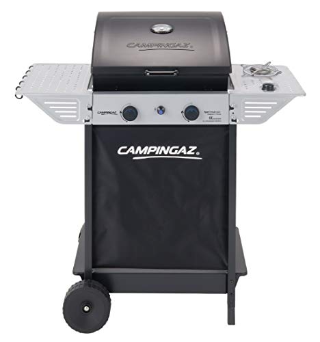 Campingaz Xpert 100 LS Plus Rocky Barbacoa Gas para Piedra Volcanica, BBQ gas con 2 quemadores, 7.1kW de potencia, 2 Parrillas de acero cromado, 2 mesas laterales y rocas de lava