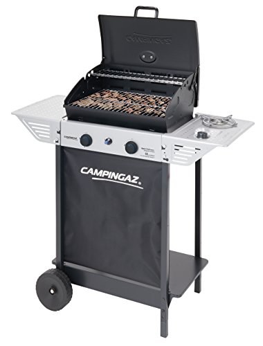 Campingaz Xpert 100 LS Plus Rocky Barbacoa Gas para Piedra Volcanica, BBQ gas con 2 quemadores, 7.1kW de potencia, 2 Parrillas de acero cromado, 2 mesas laterales y rocas de lava