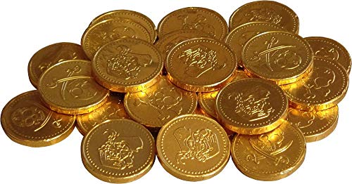 Cathys Candy 50 x Láminas de Oro Piratas, Leche, Chocolate, Dinero, Monedas, Botín, Llenadoras de Bolsos para Fiestas, Premios de piñata, Huevos de Pascua