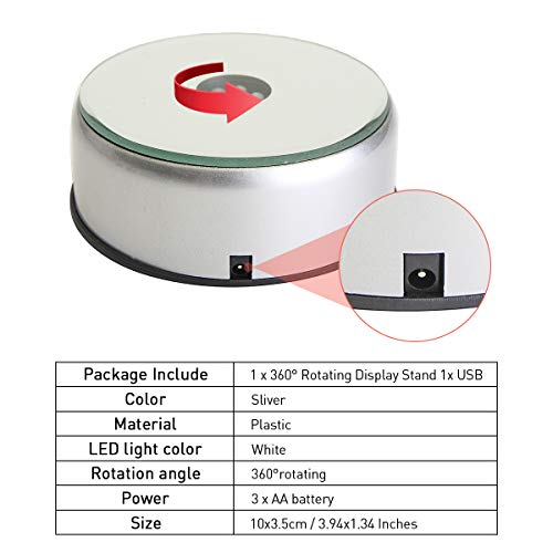 CAVEEN LED Base Giratoria Eléctrica, 10cm, Iluminación LED de Colores con Cable USB Plataforma Rotatoria Plato Giratorio para Figuras Adornos Joyas - Plateado