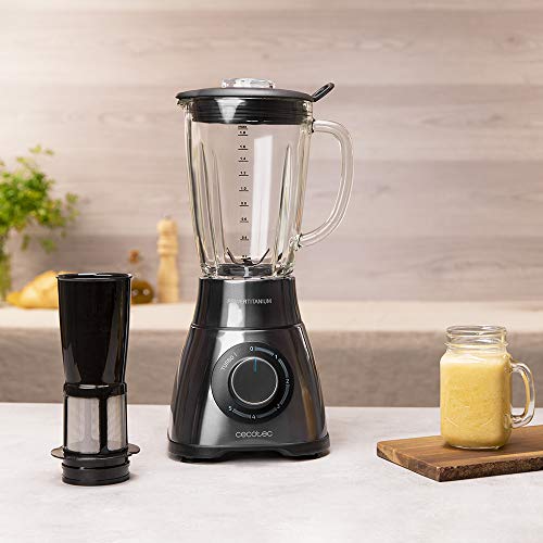 Cecotec Batidora de Vaso Power Black Titanium 1500 PerfectMix. Potencia 1500 W, Cuchilla de 8 Hojas con Recubrimiento Titanio Negro, Capacidad 1,8 litros, Incluye Filtro licuados