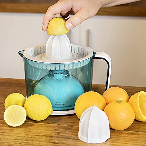 Cecotec ZitrusEasy Basic Exprimidor Eléctrico, 40 W, Tambor de 1 litro BPA Free, doble sentido de giro, doble cono, cubierta antipolvo, color azul/blanco