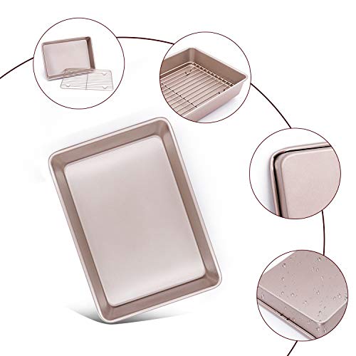 CHEFMADE Bandeja de Horno con con Rejilla Estantes Fuente Horno rectangulares de Acero 34 x 24 cm 13 Pulgadas Antiadherente Acero al Carbono para Hornear Color Oro Champagne