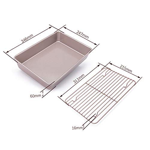 CHEFMADE Bandeja de Horno con con Rejilla Estantes Fuente Horno rectangulares de Acero 34 x 24 cm 13 Pulgadas Antiadherente Acero al Carbono para Hornear Color Oro Champagne