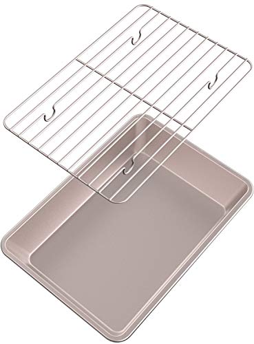 CHEFMADE Bandeja de Horno con con Rejilla Estantes Fuente Horno rectangulares de Acero 34 x 24 cm 13 Pulgadas Antiadherente Acero al Carbono para Hornear Color Oro Champagne