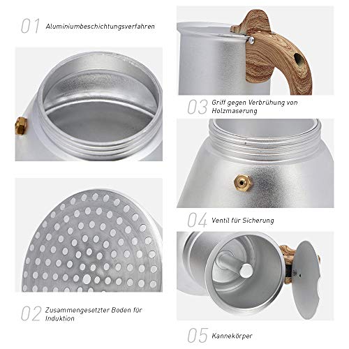 CHISTAR Moka Express Cafetera Italiana Espresso, 4 Tazas, Aluminio, Plateado