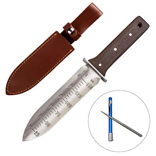 CIELCERA Hori Hori Jardín Cuchillo, Ideal Jardineria Cavando Paisajismo Escarda Herramienta, Hoja de Acero Inoxidable con Proteccion Guardamanos y Full Tang