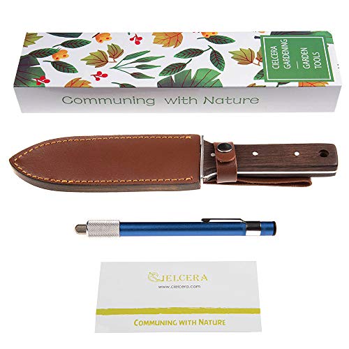 CIELCERA Hori Hori Jardín Cuchillo, Ideal Jardineria Cavando Paisajismo Escarda Herramienta, Hoja de Acero Inoxidable con Proteccion Guardamanos y Full Tang