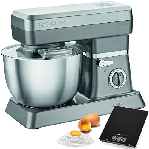 Clatronic Km 3630 - Batidora Amasadora Capacidad de 6,3 Litros, 8 Velocidades, 1200 W Color Titanio + Báscula Cocina