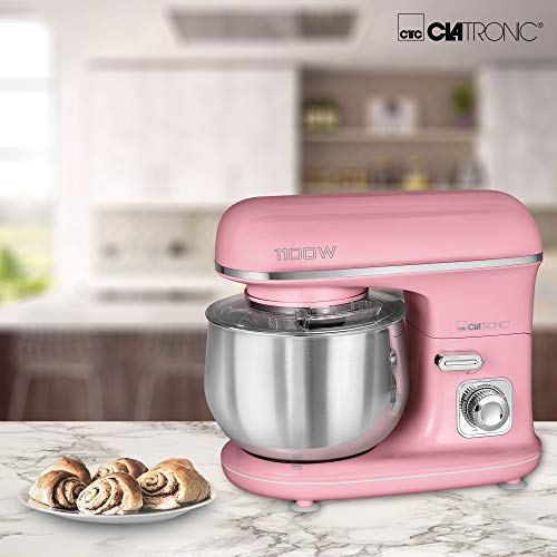 Clatronic KM 3711 - Batidora amasadora repostería capacidad de 5 litros, velocidad regulable electrónica, 1100 W serie Rock & Retro estilo vintage, rosa pastel
