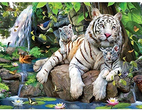 CMXCJY Kit de punto de cruz,adecuado para principiantes,adultos y niños,kit de costura de bordado DIY de 11CT,con un diseño preimpreso fácil e interesante 40x50cm-Familia de Tiger River