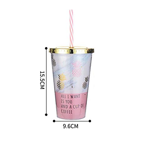 CNBB Taza Portátil Creativa Chapado En Oro Piña   Plástico Doble Capa   Jugo De Verano Copa De Helado con Paja Café Taza De Leche