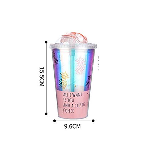 CNBB Taza Portátil Creativa Chapado En Oro Piña   Plástico Doble Capa   Jugo De Verano Copa De Helado con Paja Café Taza De Leche