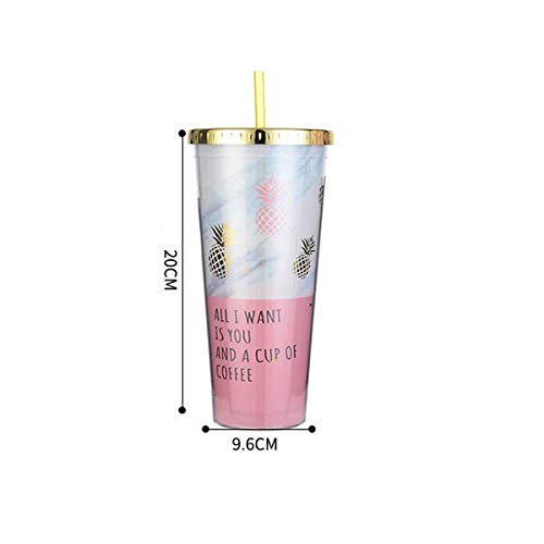 CNBB Taza Portátil Creativa Chapado En Oro Piña   Plástico Doble Capa   Jugo De Verano Copa De Helado con Paja Café Taza De Leche