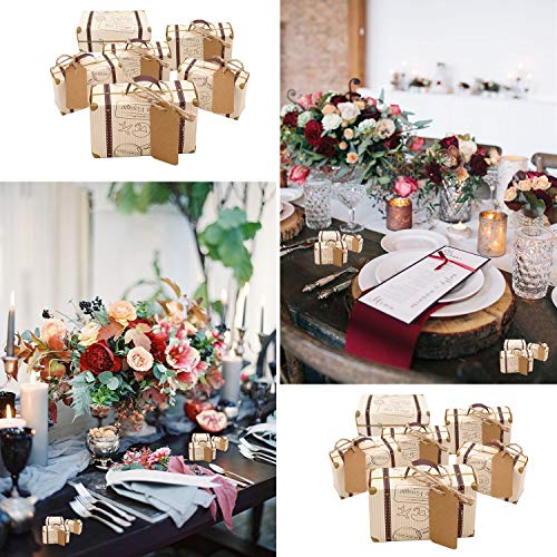 CNNIK 100 Piezas Mini maleta Caja Caja Favor Caramelo Caja Vintage Papel Kraft con etiquetas y hilo de arpillera para bodas/Viajes Fiesta temática Invitado Boda Ducha nupcial