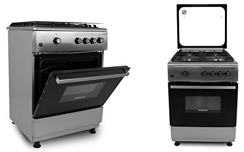 COCINAS DE Gas con Horno INFINITON Ancho 60cm (4 Fuegos + Horno, Kit Gas Natural, Doble Puerta Vidrio Horno, Quemadores con Seguridad, Control Temperatura Mecanica) (INOX)