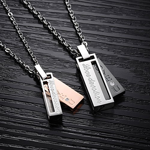 Collar para Parejas con Grabado Love, Oro Rosa, Negro, de Acero Inoxidable con Cristal