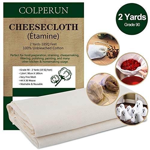 Colperun Tela Colador, Grado 90, 1,6m², 90cm X 180cm, Estopilla Telas Filtrantes de Algodón 100% Sin Blanquear, Extrafino Muselina Cocina para Mantequilla, Leche de Nuez, Juices - Colador de Cocina