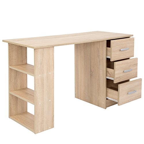 COMIFORT Mesa de Trabajo – Escritorio Robusto y Espacioso, Estilo Moderno y Minimalista, con Gran Capacidad de Almacenaje, 3 Baldas y 3 Cajones, Color Roble